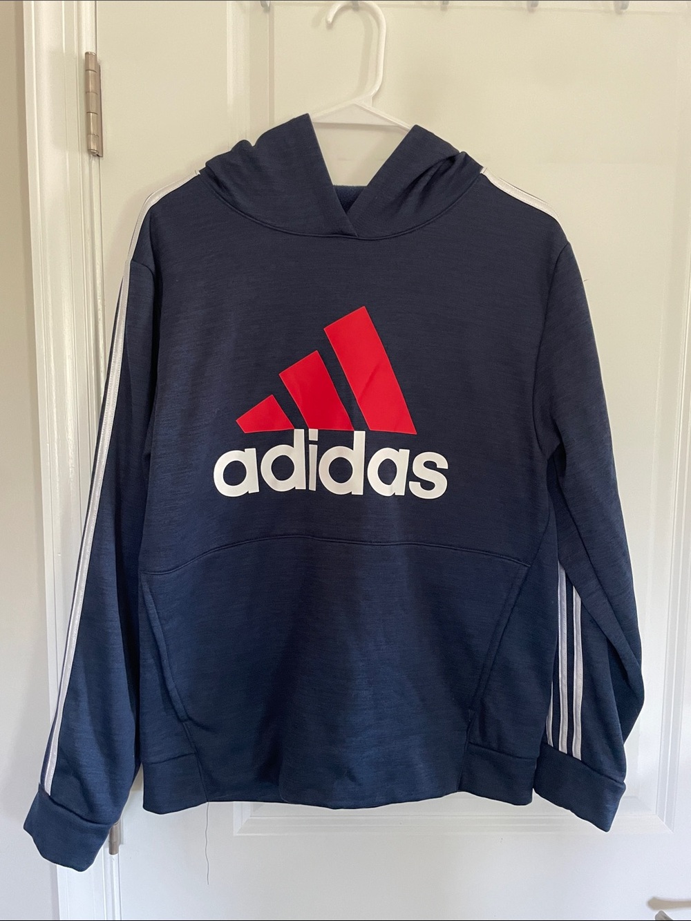 adidas Navy Hoodie with Red Logo and White Stripes